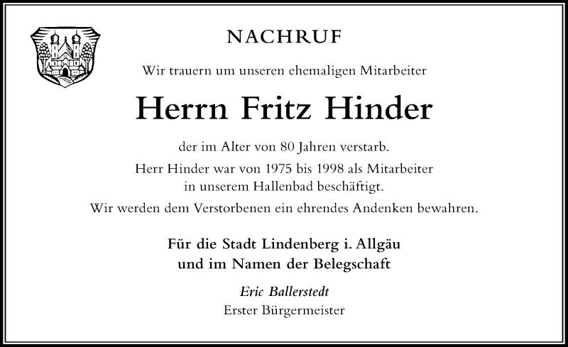  Traueranzeige für Fritz Hinder vom 18.01.2020 aus Der Westallgäuer
