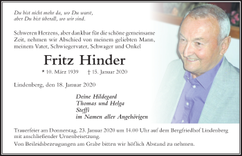 Traueranzeige von Fritz Hinder von Der Westallgäuer