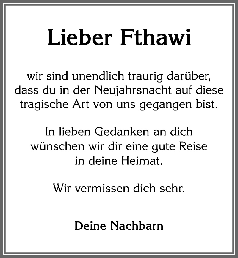  Traueranzeige für Fthawi  vom 04.01.2020 aus Allgäuer Zeitung,Kempten