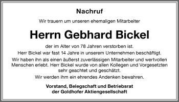 Traueranzeige von Gebhard Bickel von Memminger Zeitung
