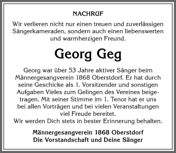 Traueranzeige von Georg Geg von Allgäuer Anzeigeblatt