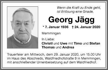Traueranzeige von Georg Jägg von Memminger Zeitung
