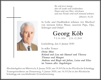 Traueranzeige von Georg Köb von Der Westallgäuer