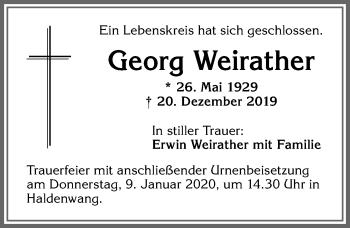 Traueranzeige von Georg Weirather von Allgäuer Zeitung,Kempten