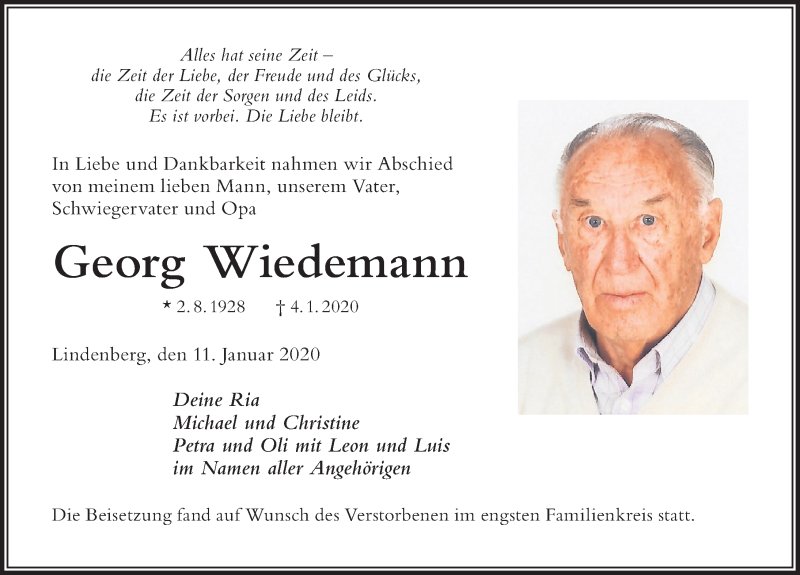  Traueranzeige für Georg Wiedemann vom 11.01.2020 aus Der Westallgäuer