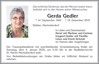 Traueranzeige von Gerda Gedler von Allgäuer Zeitung, Marktoberdorf