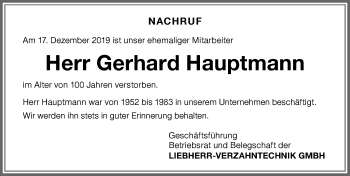 Traueranzeige von Gerhard Hauptmann von Allgäuer Zeitung,Kempten