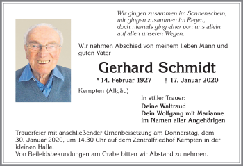 Traueranzeige von Gerhard Schmidt von Allgäuer Zeitung,Kempten