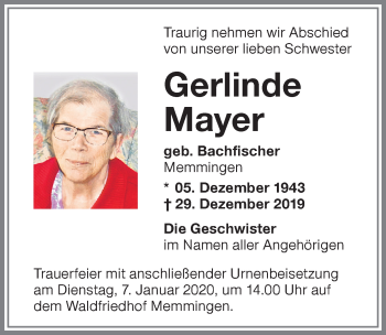 Traueranzeige von Gerlinde Mayer von Memminger Zeitung