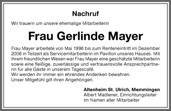 Traueranzeige von Gerlinde Mayer von Memminger Zeitung