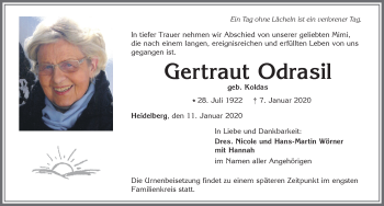 Traueranzeige von Gertraut Odrasil von Allgäuer Zeitung