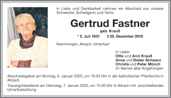 Traueranzeige von Gertrud Fastner von Memminger Zeitung
