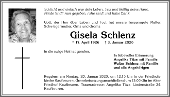 Traueranzeige von Gisela Schlenz von Allgäuer Zeitung, Kaufbeuren/Buchloe