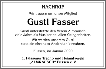 Traueranzeige von Gustl Fasser von Allgäuer Zeitung, Füssen