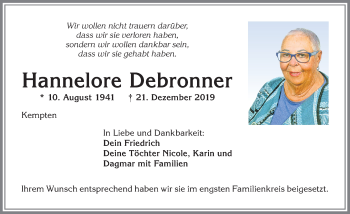 Traueranzeige von Hannelore Debronner von Allgäuer Zeitung,Kempten