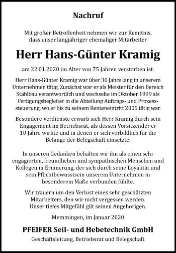 Traueranzeige von Hans-Günter Kramig von Memminger Zeitung