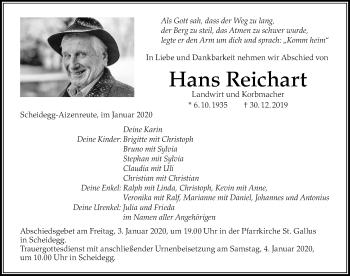 Traueranzeige von Hans Reichart von Der Westallgäuer