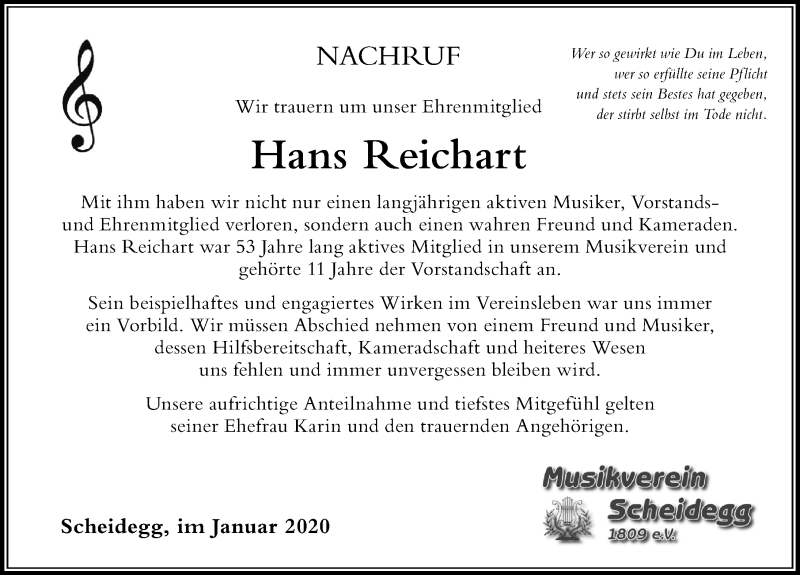  Traueranzeige für Hans Reichart vom 04.01.2020 aus Der Westallgäuer