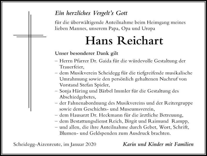  Traueranzeige für Hans Reichart vom 11.01.2020 aus Der Westallgäuer