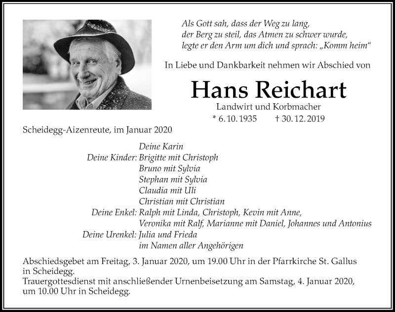  Traueranzeige für Hans Reichart vom 02.01.2020 aus Der Westallgäuer