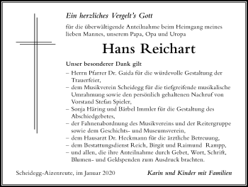 Traueranzeige von Hans Reichart von Der Westallgäuer