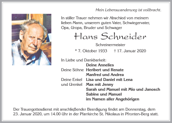 Traueranzeige von Hans Schneider von Allgäuer Zeitung, Füssen