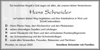 Traueranzeige von Hans Schneider von Allgäuer Zeitung, Füssen
