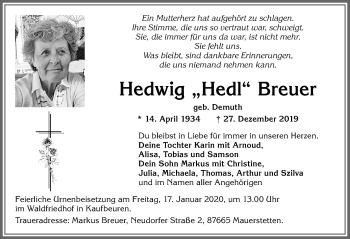 Traueranzeige von Hedwig Breuer von Allgäuer Zeitung, Kaufbeuren/Buchloe