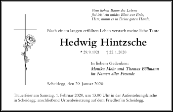 Traueranzeige von Hedwig Hintzsche von Der Westallgäuer