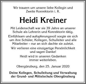 Traueranzeige von Heidi Kreiner von Allgäuer Zeitung, Marktoberdorf