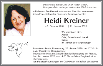 Traueranzeige von Heidi Kreiner von Allgäuer Zeitung, Marktoberdorf