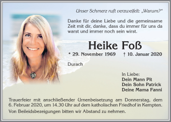 Traueranzeige von Heike Foß von Allgäuer Zeitung,Kempten