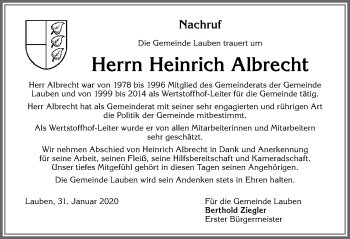 Traueranzeige von Heinrich Albrecht von Allgäuer Zeitung,Kempten