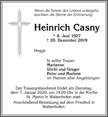 Traueranzeige von Heinrich Casny von Allgäuer Zeitung,Kempten