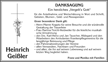 Traueranzeige von Heinrich Geißler von Allgäuer Anzeigeblatt