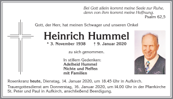 Traueranzeige von Heinrich Hummel von Allgäuer Zeitung, Kaufbeuren/Buchloe