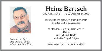 Traueranzeige von Heinz Bartsch von Allgäuer Zeitung, Marktoberdorf