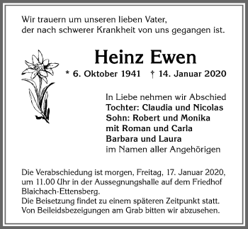 Traueranzeige von Heinz Ewen von Allgäuer Anzeigeblatt