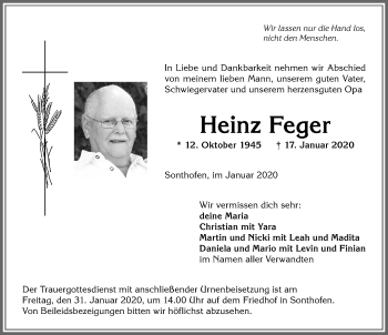 Traueranzeige von Heinz Feger von Allgäuer Anzeigeblatt