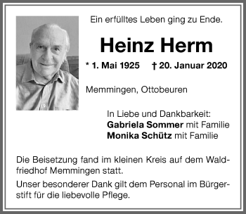 Traueranzeige von Heinz Herm von Memminger Zeitung