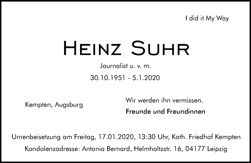  Traueranzeige für Heinz Suhr vom 11.01.2020 aus Allgäuer Zeitung,Kempten