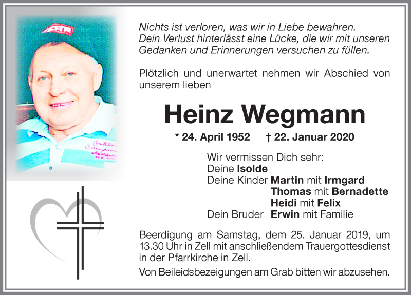  Traueranzeige für Heinz Wegmann vom 24.01.2020 aus Memminger Zeitung