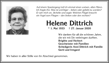 Traueranzeige von Helene Dittrich von Allgäuer Anzeigeblatt