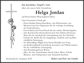 Traueranzeige von Helga Jordan von Der Westallgäuer