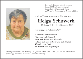 Traueranzeige von Helga Schuwerk von Der Westallgäuer