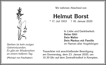 Traueranzeige von Helmut Borst von Allgäuer Zeitung,Kempten