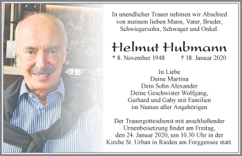 Traueranzeige von Helmut Hubmann von Allgäuer Zeitung, Füssen