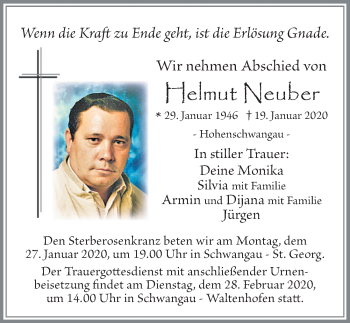 Traueranzeige von Helmut Neuber von Allgäuer Zeitung, Füssen