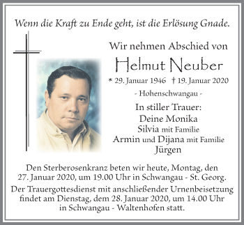 Traueranzeige von Helmut Neuher von Allgäuer Zeitung, Füssen