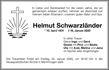 Traueranzeige von Helmut Schwarzländer von Memminger Zeitung